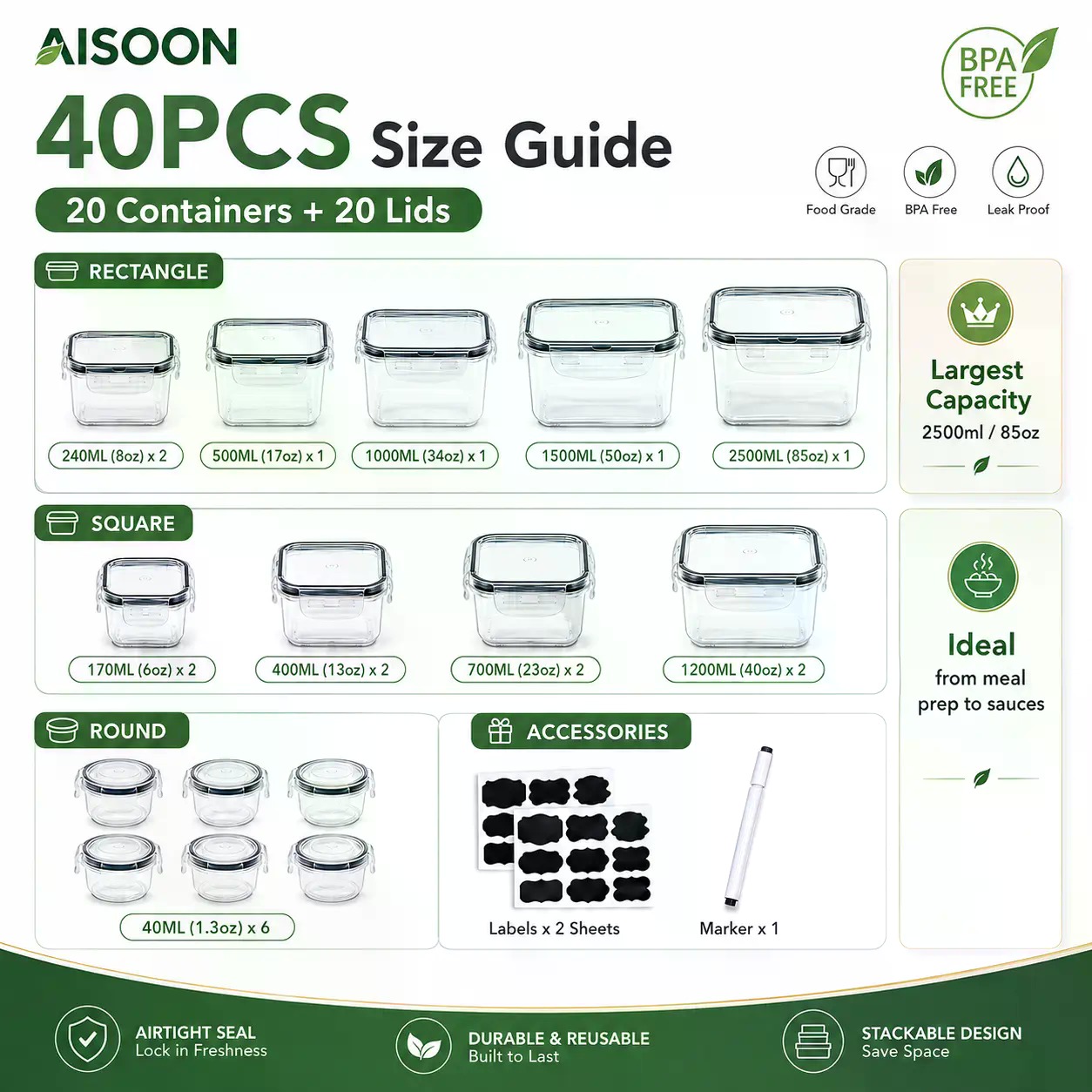 40 PCS Extra Large 85oz Silico - Meal Prep Chef recension och pris